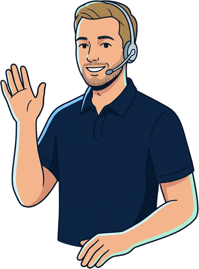 Kilian, der KI-Telefonassistent von KI-Lian, als Illustration: ein Mann mit Headset und Poloshirt winkt freundlich
