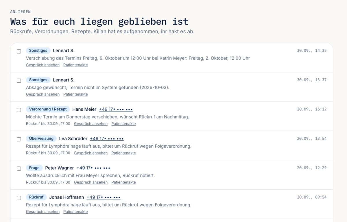 Anliegen im KI-Lian Praxis-Bereich: Liste mit Rückrufen, Verordnungen und Fragen, die Kilian aufgenommen hat, zum Abhaken