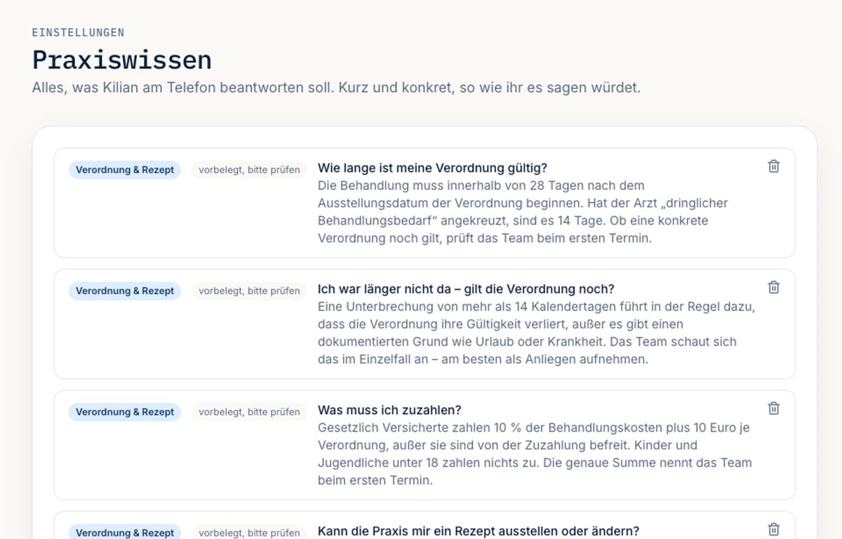 Praxiswissen im KI-Lian Praxis-Bereich: Fragen und Antworten zu Verordnung, Rezept und Mitbringen, aus denen Kilian antwortet