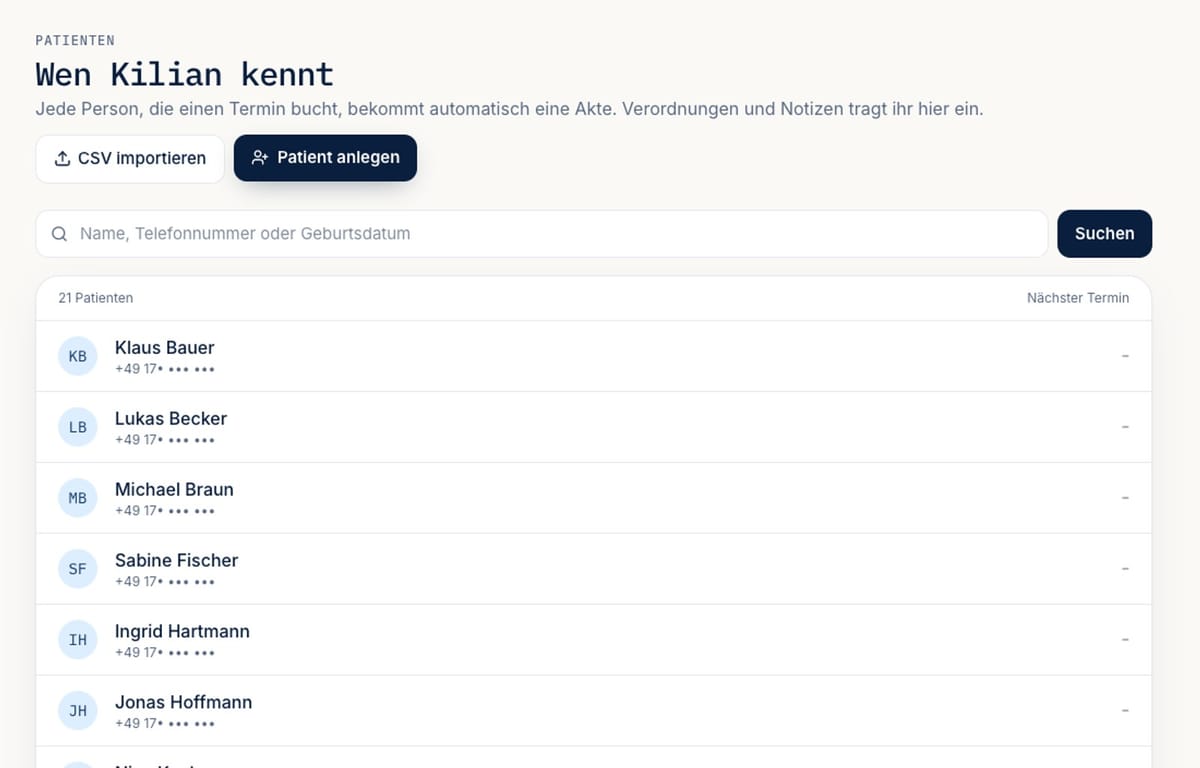 Patienten im KI-Lian Praxis-Bereich: Liste der Akten mit nächstem Termin und Suche nach Name, Nummer oder Geburtsdatum