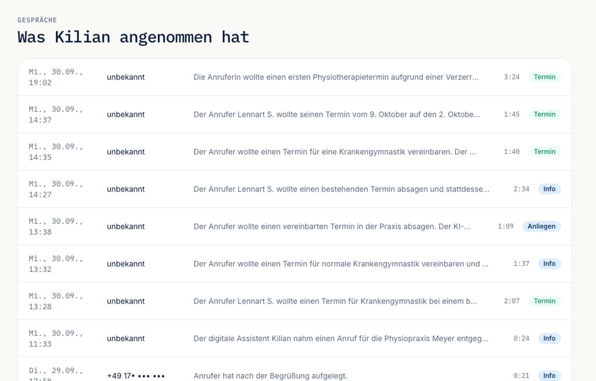 Gespräche im KI-Lian Praxis-Bereich: jeder Anruf mit Zusammenfassung, Dauer und Ergebnis wie Termin, Anliegen oder Info